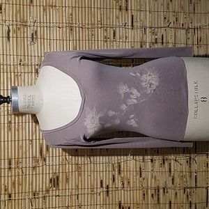 Long Sleeve Deep V Neck Floral Screened  T Shirt